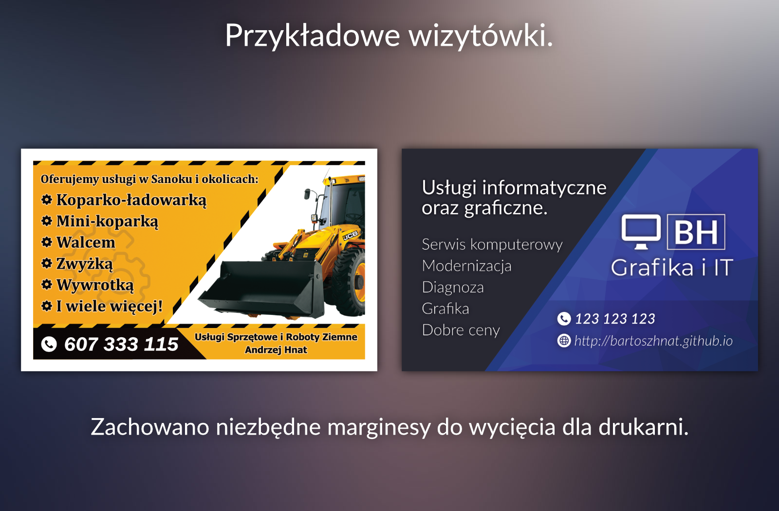 Przykładowe projekty wizytówek (Wykonano w Affinity Publisher).